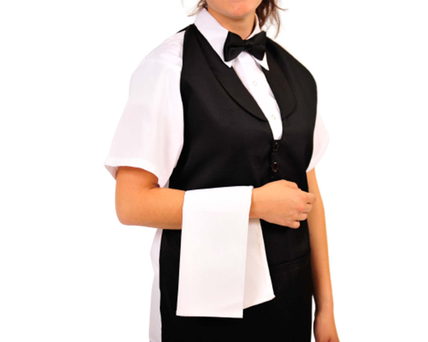 zoom image of a lady wearing black tuxedo apron with black bow tie holding white linen napkin