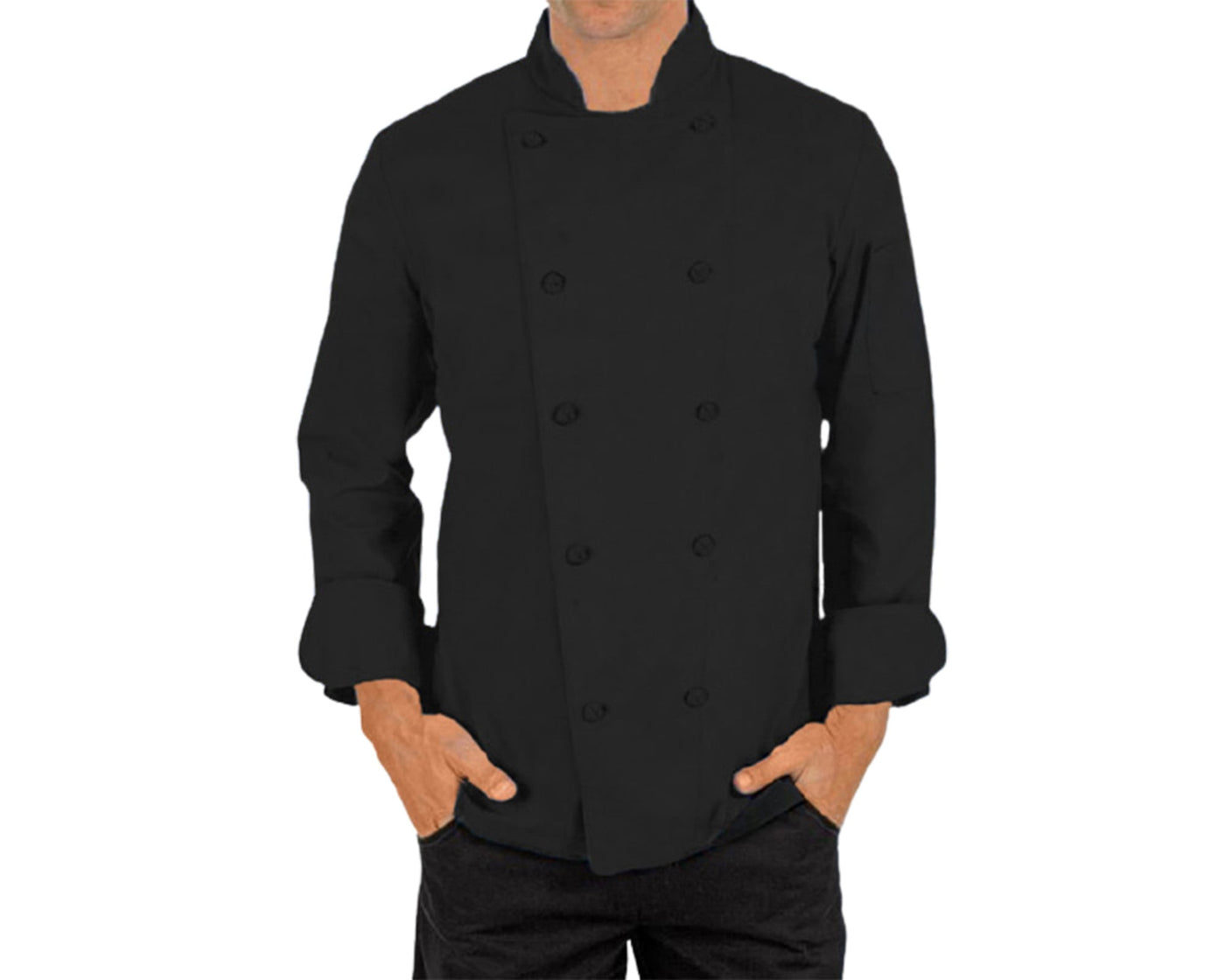 man wearing black chef coat with solid button
