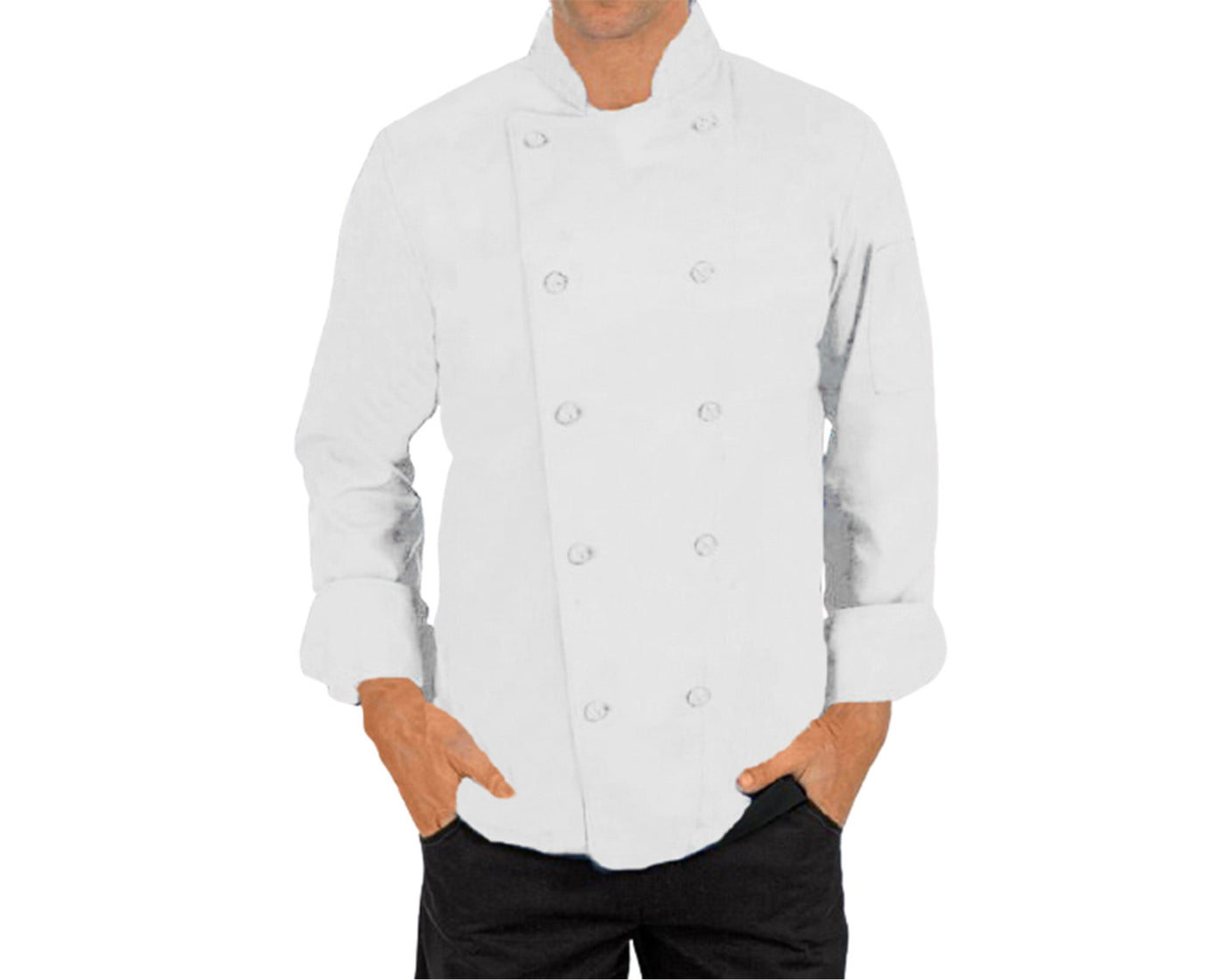 Person wearing White chef coat with solid button
