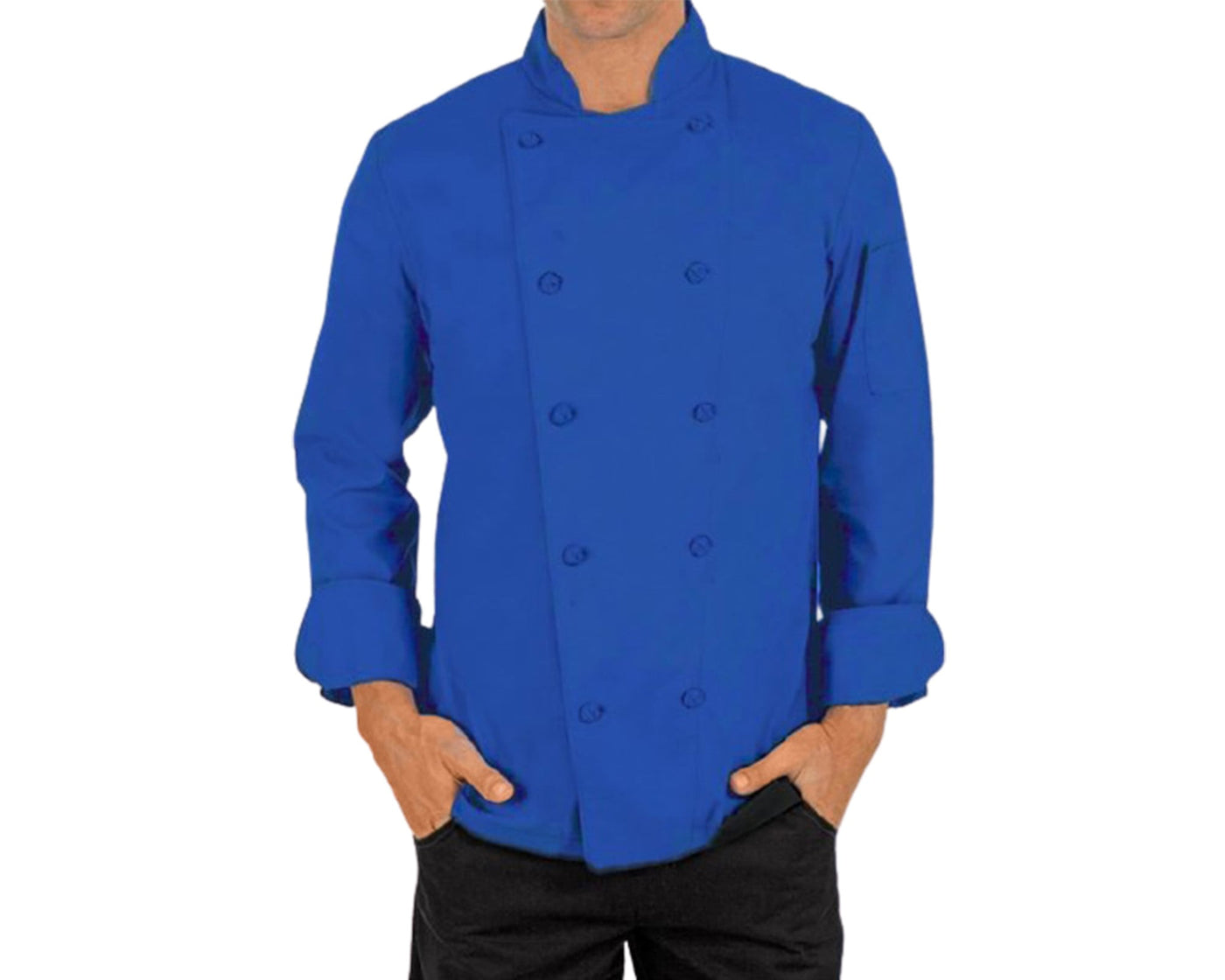 man wearing blue chef coat with solid buttons
