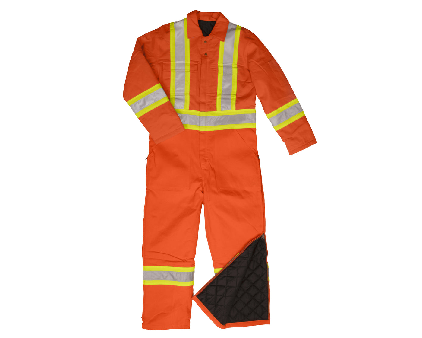 Industrial Quilted Orange Coveralls with reflective stripes showing the quilted on pant, Front view