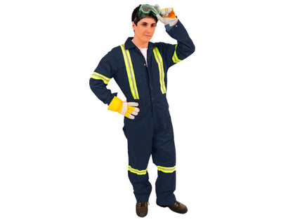 Person wearing Navy Blue Industrial Reflective Coverall 