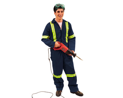 Person Wearing Industrial Coverall with reflective stripes and holding equipment