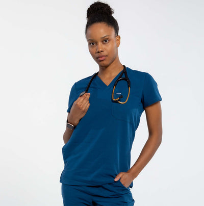 Vena Scrub featuring top in navy blue, Lady has stethoscope on her neck#colour_navy-blue