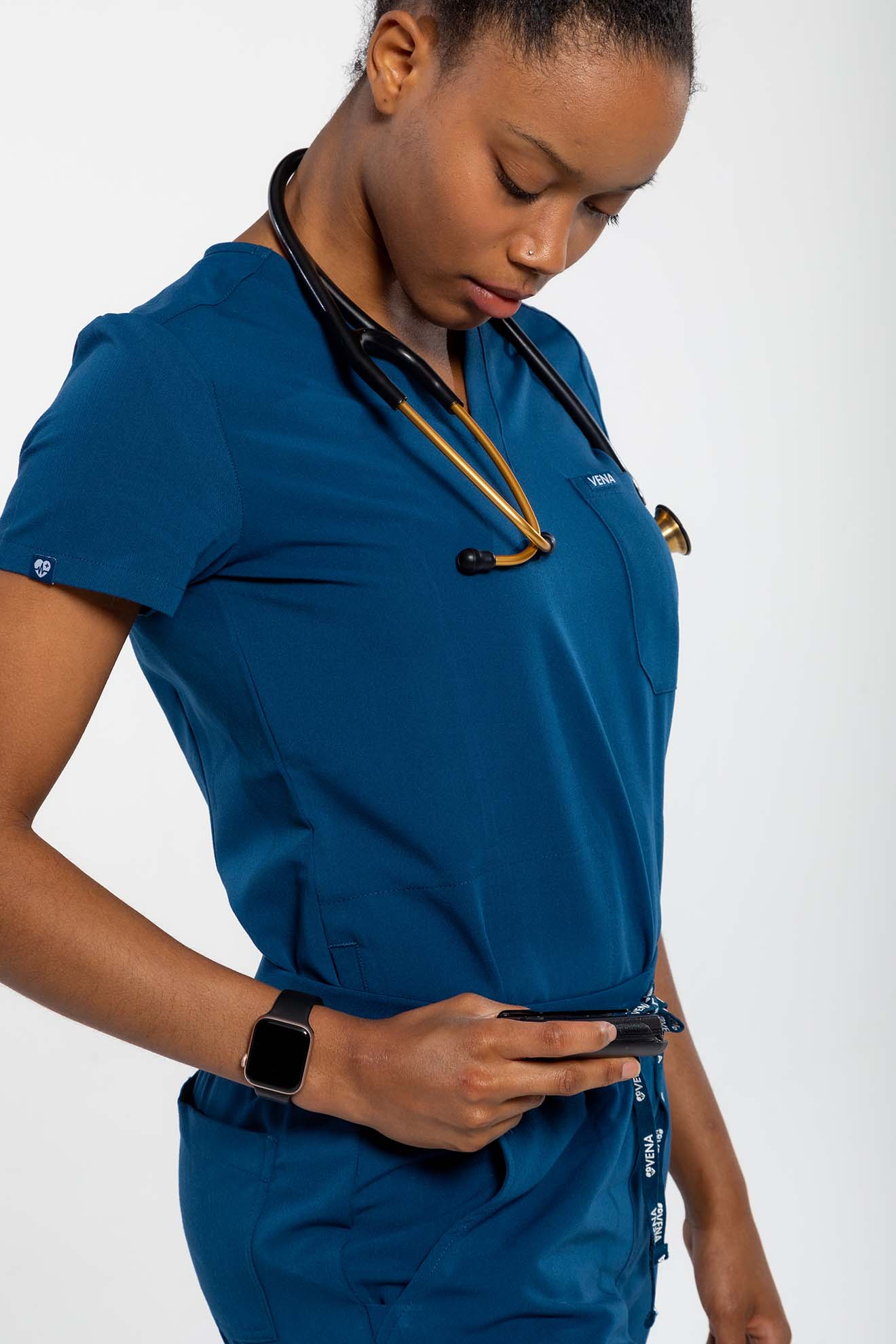 Navy Blue Vena Scrub featuring new style of draw string#colour_navy-blue
