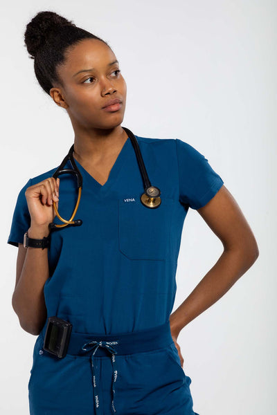 Vena Scrub side angle view lady with stethoscope on her neck#colour_navy-blue