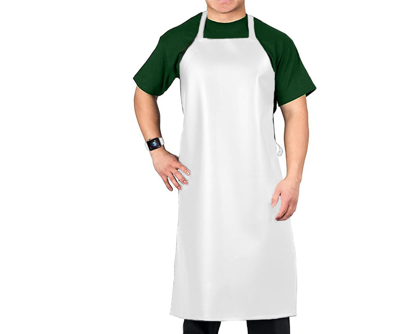 man wearing white vinyl apron used for dishwasher