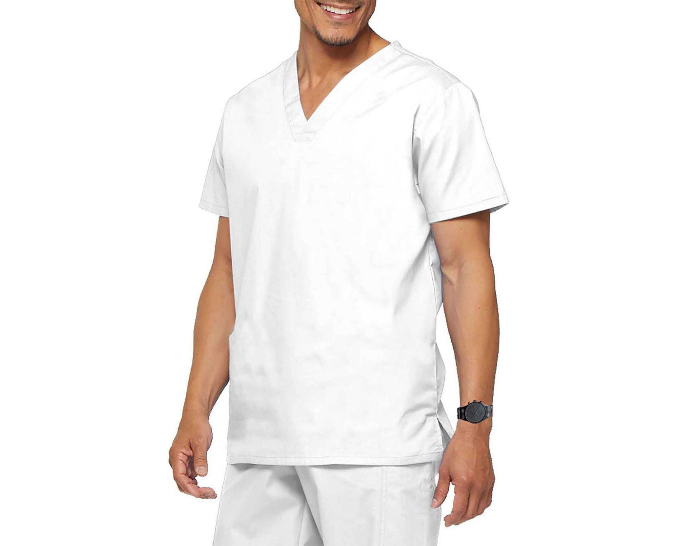 Man wearing White cook shirt in V neck style with black wrist watch