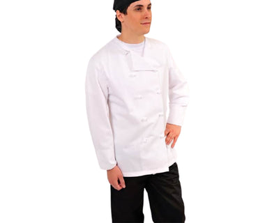 man wearing white chef coat with knot buttons