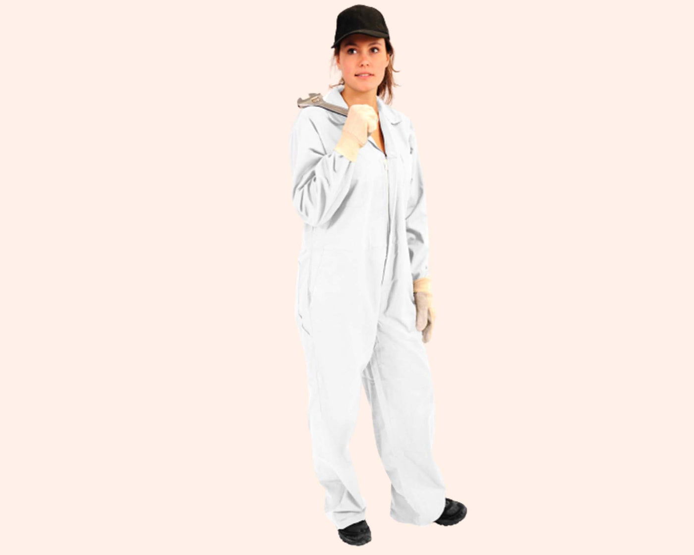 lady wearing 100% white coverall wearing black hat