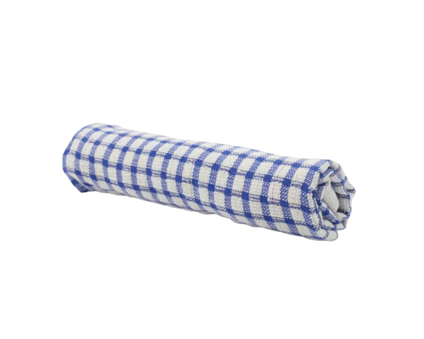 rolled blue patterned tea towel with white backgound 