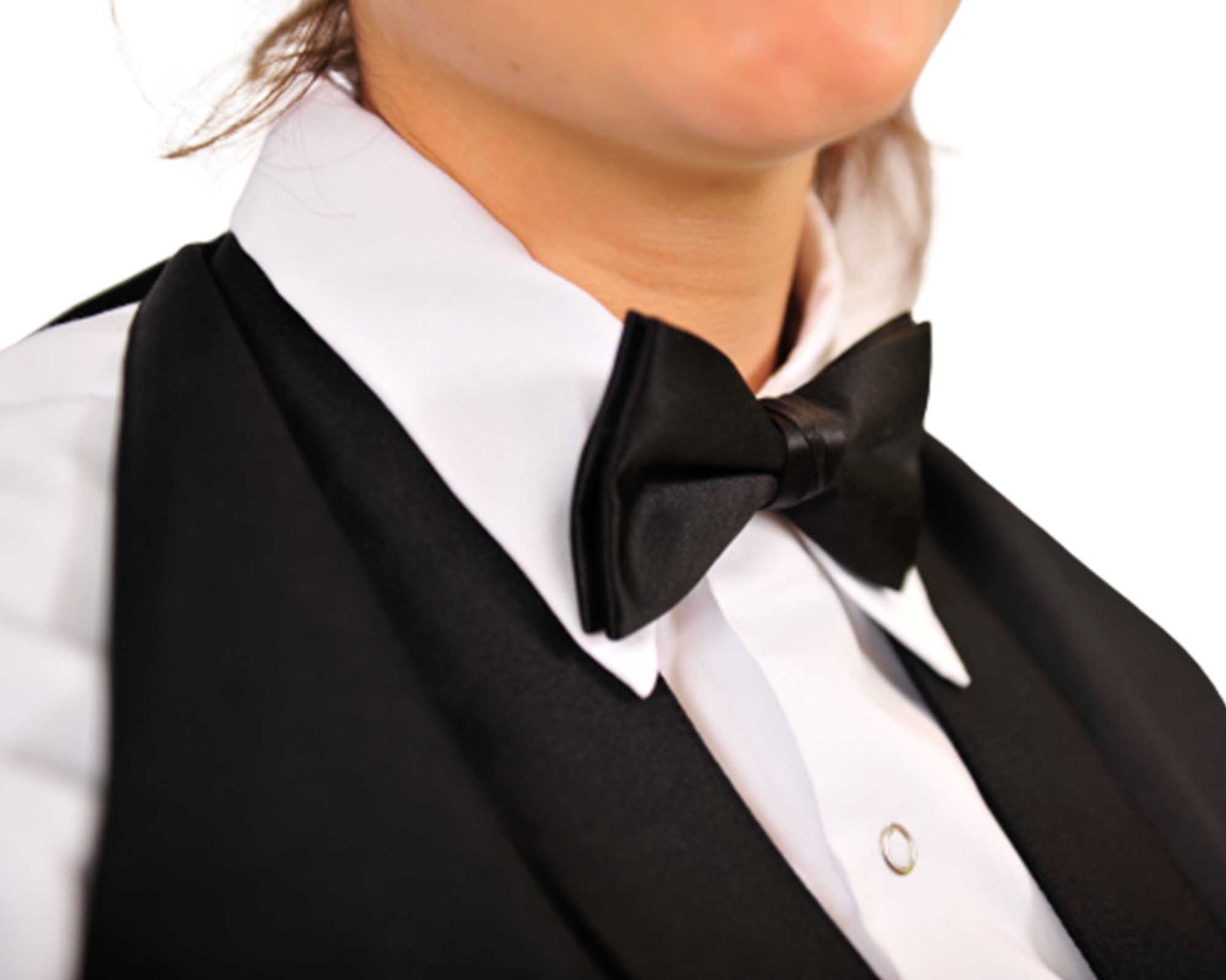 lady wearing black bow tie and tuxedo apron