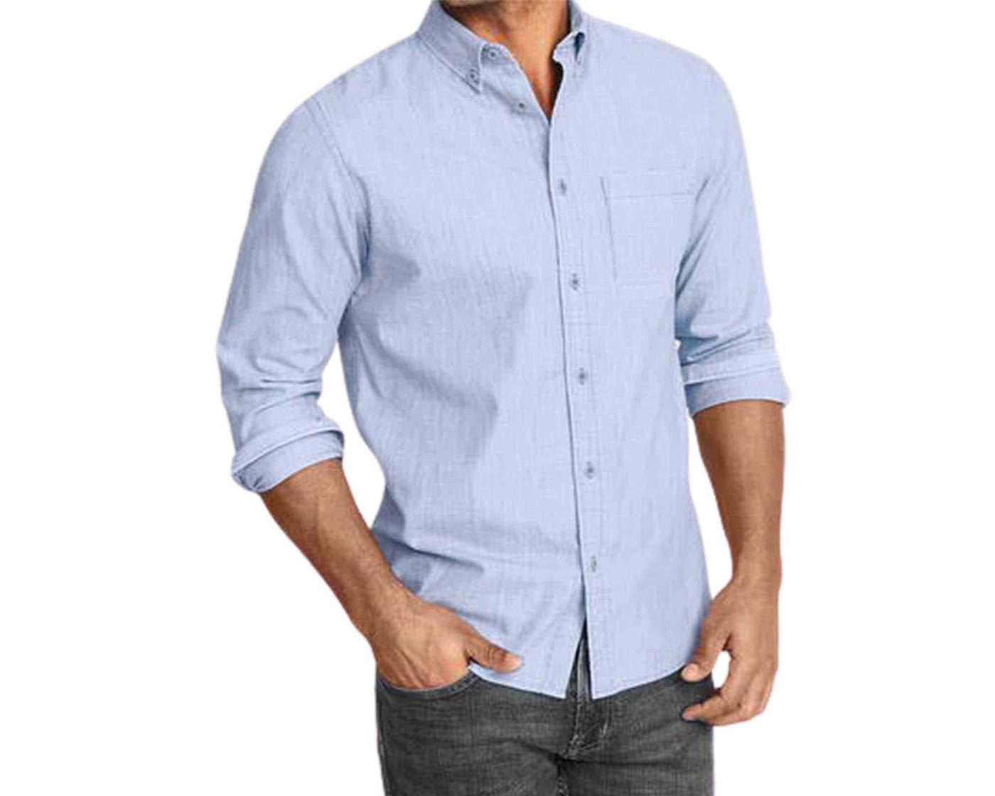 man wearing chambray classic dress shirt with plastic buttons
