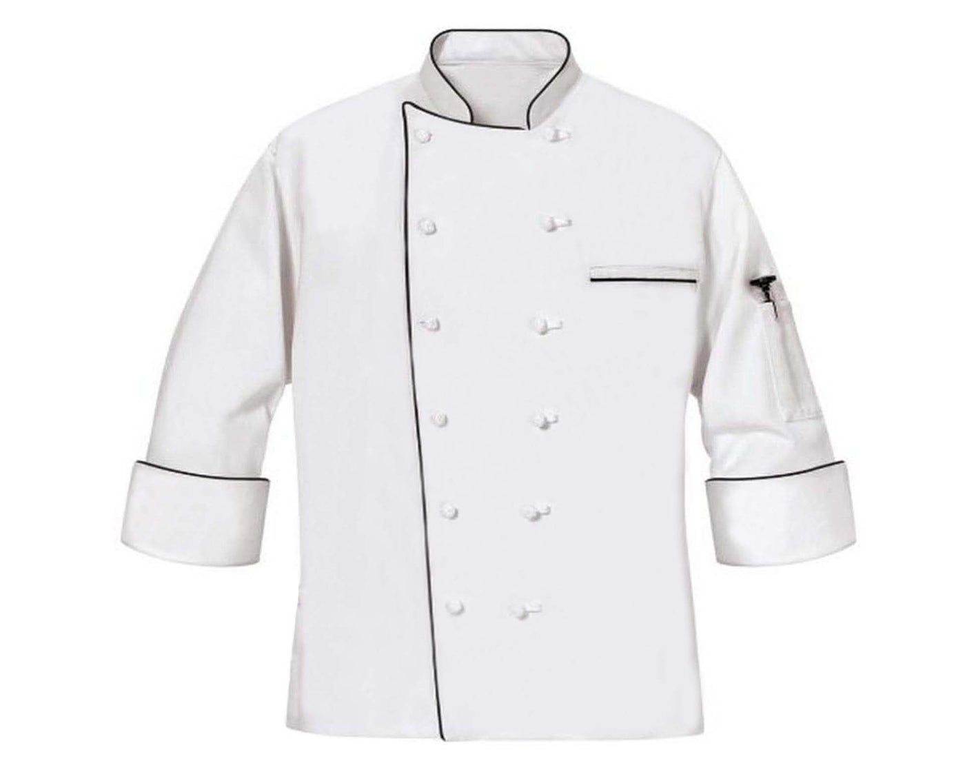 white chef coat with black piping also called as master chef coat