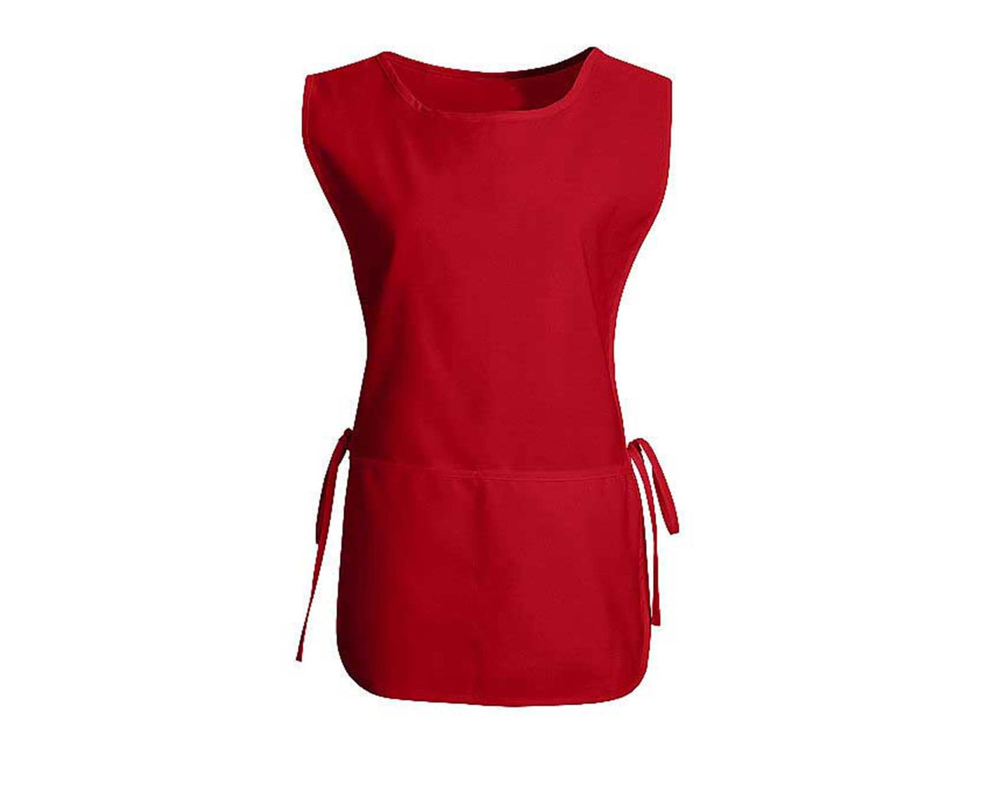 red cobbler apron with pocket and straps on the side