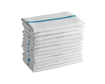 pile of White kitchen towel with blue center stripe 