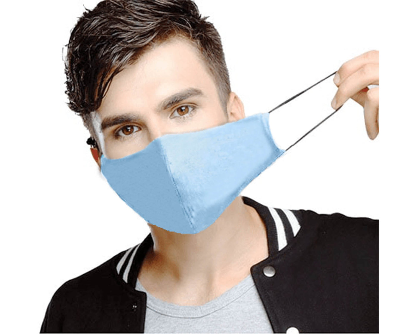 mean wearing light blue reusable face mask