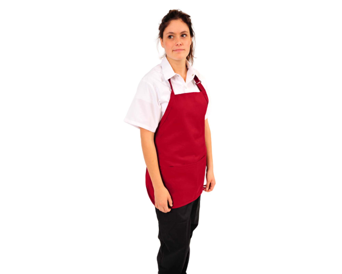lady wearing red short bib apron with adjustable neck and 3 pockets#colour_red