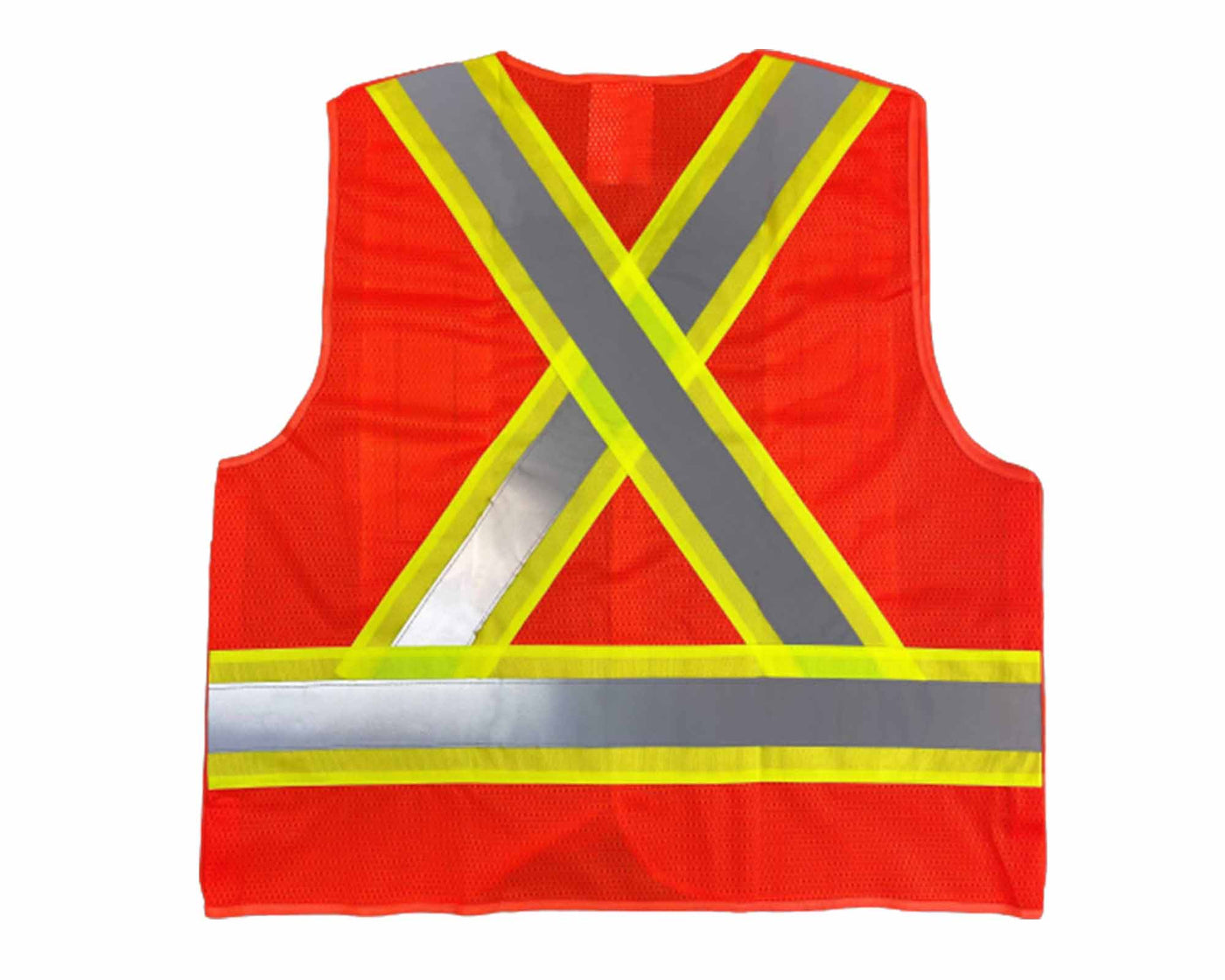 back view of industrial orange safety vest with reflective stripe