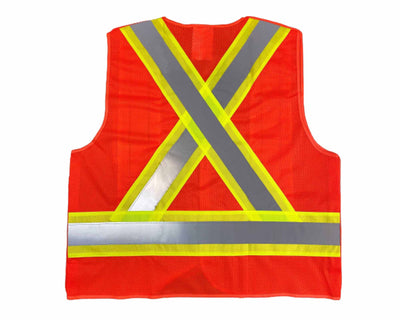 back view of industrial orange safety vest with reflective stripe