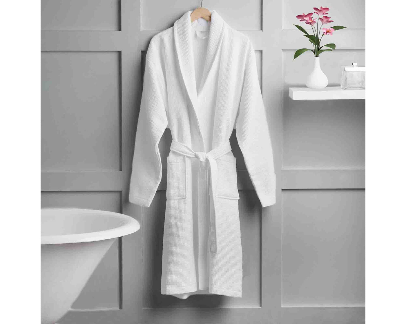 Luxury waffle weave bathrobe with long belt and 2 pockets front